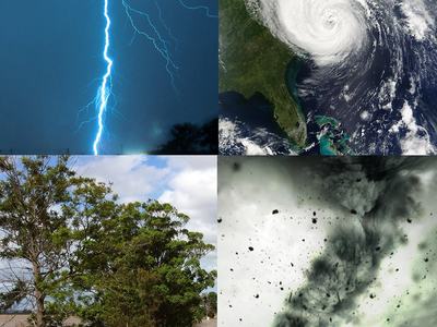 Lightning bolt; satellite view of hurricane; flooded trees by road; tornado with flying debris