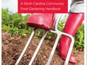 Cover to CG Handbook, Collard Greens and Common Ground. Person in red garden boots pushing a garden fork into the soil