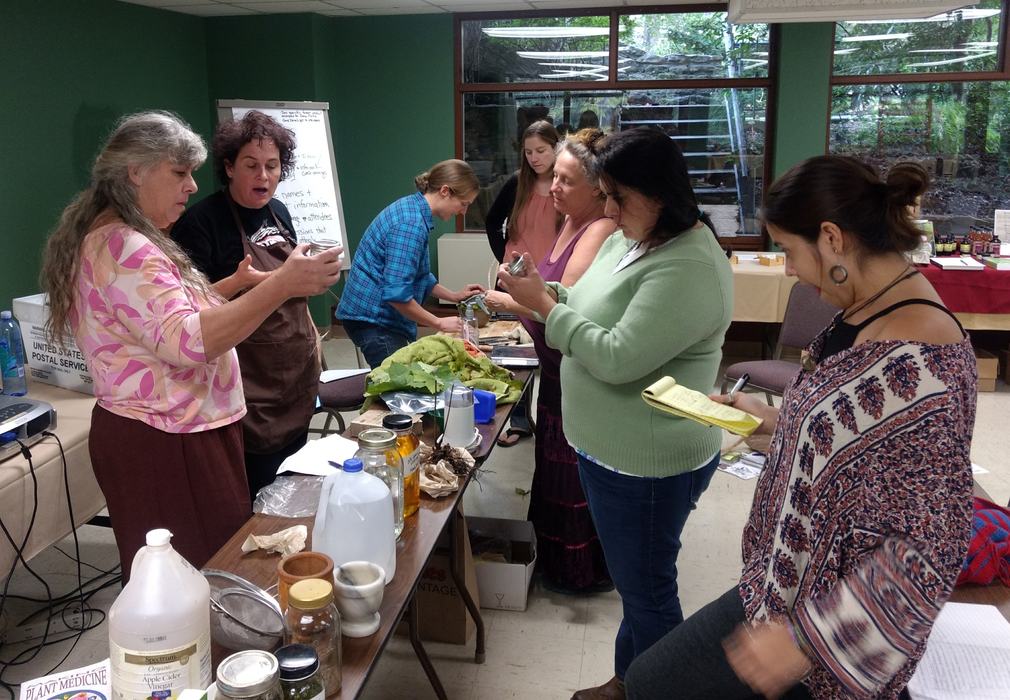people looking at products during tincture making session