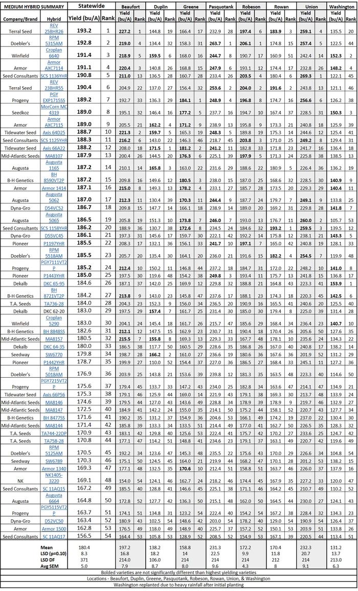 Medium Hybrids Location Summary table