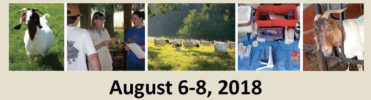 Goats with handlers and veterinary tools; text "August 6-8, 2018"