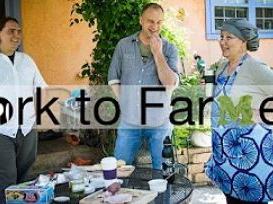 Three people outdoors by a table of food talking, overlaid text "Fork to Farmer"