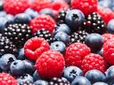 red raspberries, blackberries, blueberries