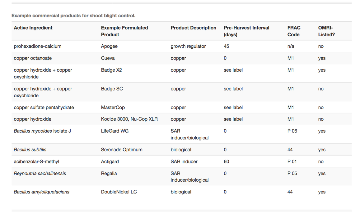 Example products for shoot blight control