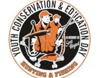 Two hunters in orange vests with fish and gear; text: "Youth Conservation & Education Day" and "Hunting & Fishing"