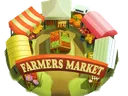 Circular farmers market with stalls, produce and sign "FARMERS MARKET"