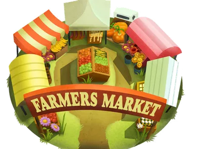 Circular farmers market with stalls, produce and sign "FARMERS MARKET"