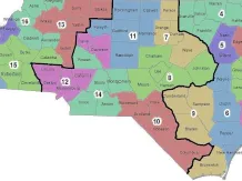 North Carolina map showing colored counties with numbered regions labeled 1–20