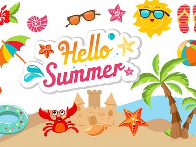 Beach scene with sandcastle, crab, palm trees, beach ball and text "Hello Summer"