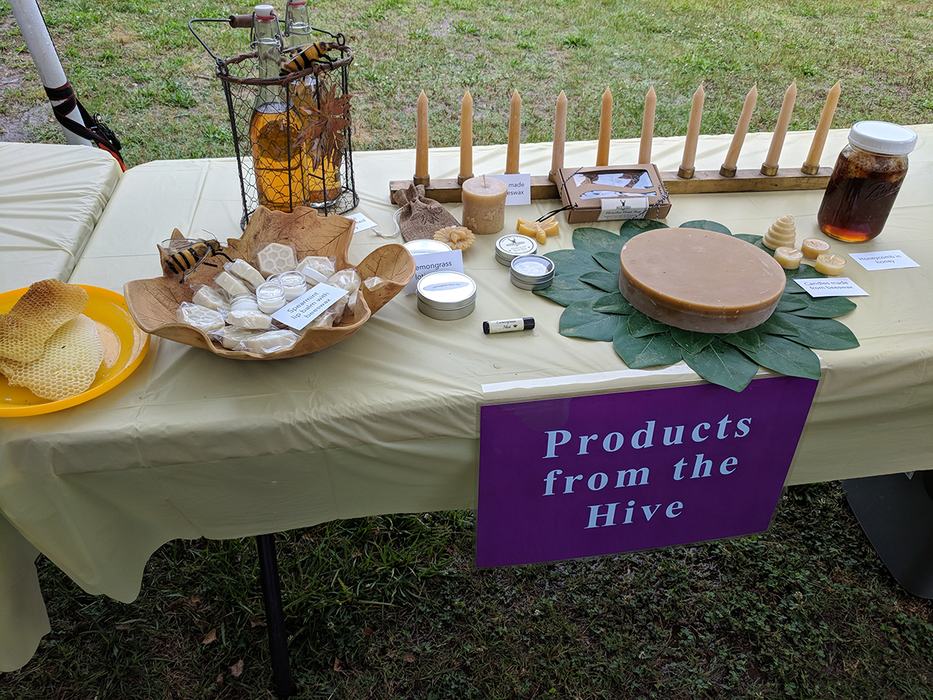 Display of products from a bee hive. 