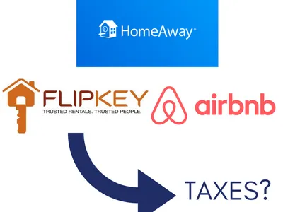 HomeAway, FlipKey, and Airbnb logos with arrow pointing to text "TAXES?"