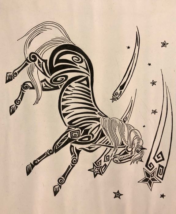 black and white drawing of horse with shooting stars