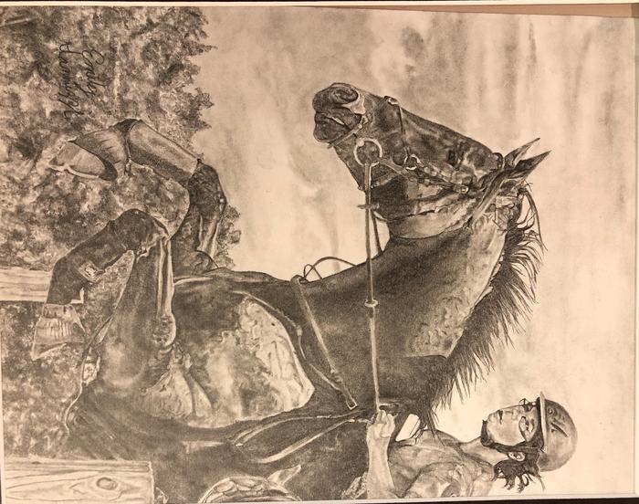 drawing of rider on jumping horse
