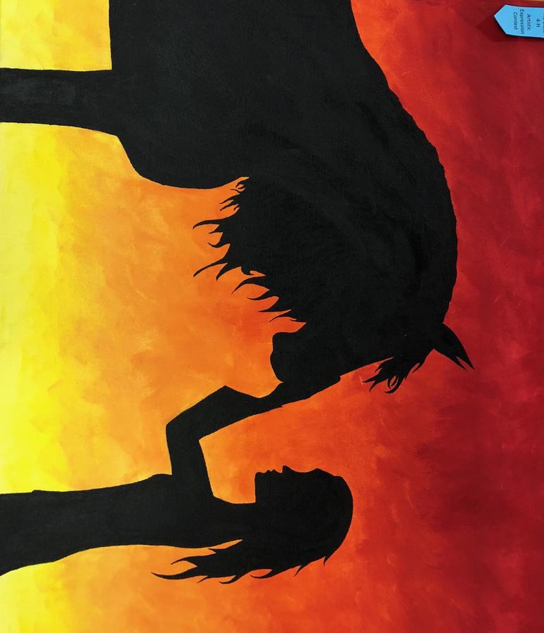 silhouette of girl and horse with sunset in background