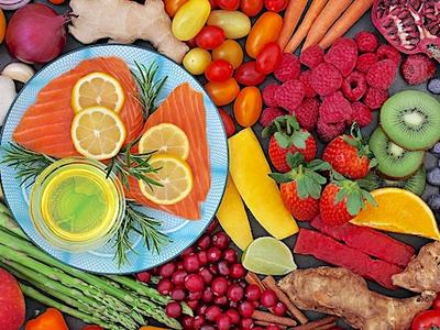 fruits, vegetables, lemon slices, salmon