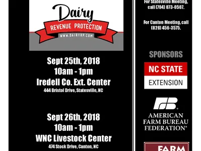 Flyer: "Come get the 'SCOOP' on Dairy Revenue Protection" — Sept 25 Statesville, Sept 26 Canton