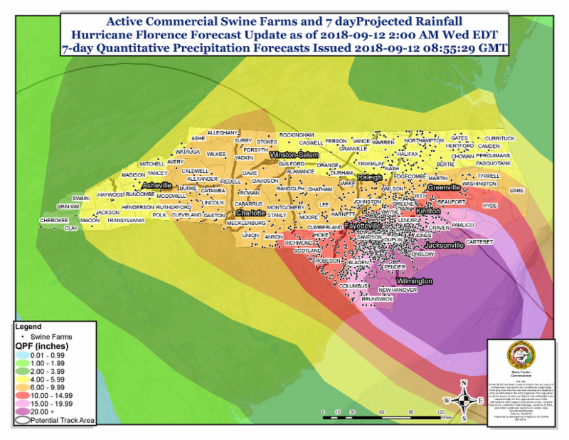 Map graphic illustrating 7-day rainfall forecast for active commercial swine farms in North Carolina as of September 12, 2018.