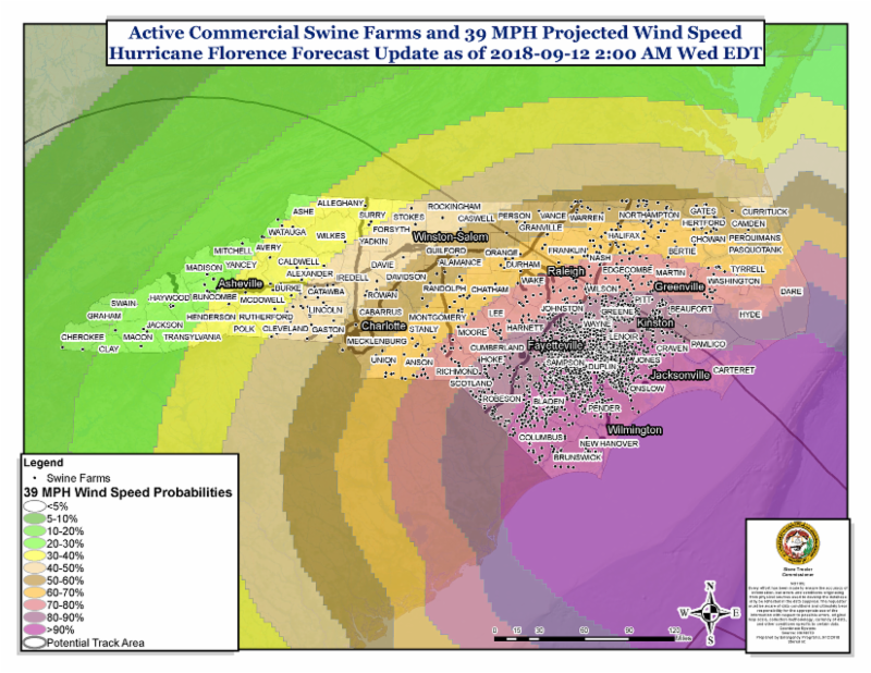Active Commercial Swine Farms in North Carolina_39mph Projected Wind Speed_9-12-18