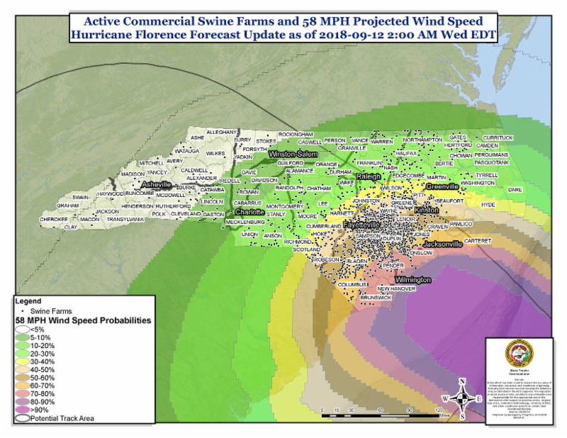 Active Commercial Swine Farms in North Carolina_58mph Projected Wind Speed_9-12-18