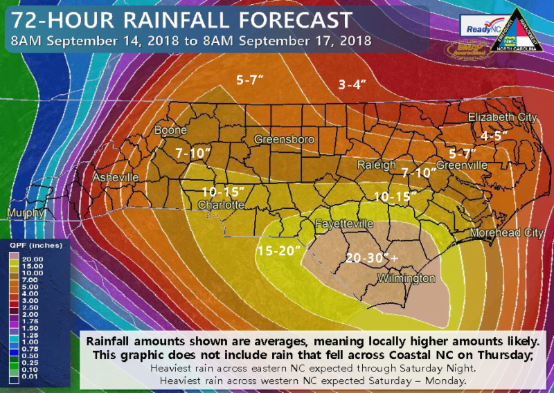 Hurricane Florence 72-Hour Rainfall Forecast Map as of September 14, 2018