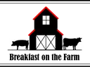 Barn with red roof and window, double doors center, pig silhouette left, cow silhouette right