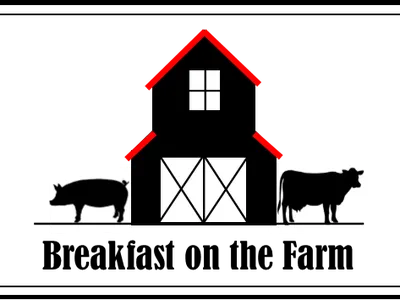 Barn with red roof and window, double doors center, pig silhouette left, cow silhouette right