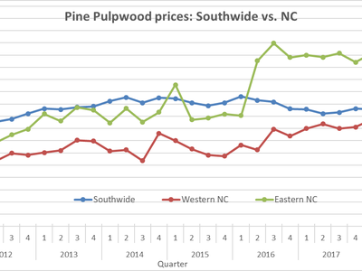 Line chart: Pine pulpwood prices ($/ton) 2012–2018 quarterly — Southwide, Western NC, Eastern NC