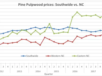 Line chart: Pine pulpwood prices ($/ton) 2012–2018 quarterly — Southwide, Western NC, Eastern NC