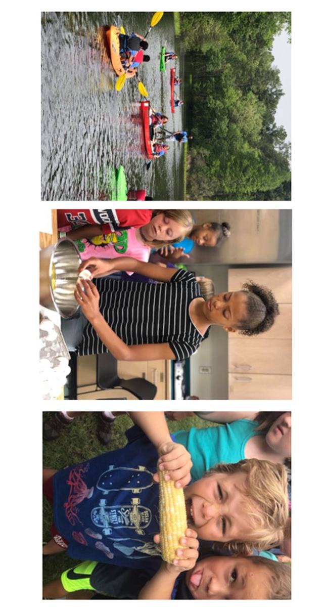 Three-photo banner with children kayaking cooking and eating corn on the cob