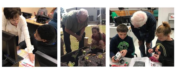 three pictures of volunteers with kids