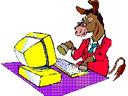Cartoon donkey in red jacket typing at a yellow desktop computer