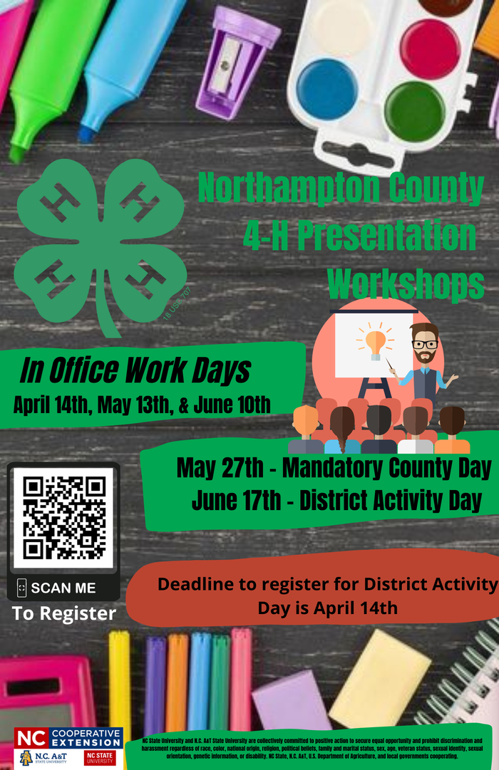 Northampton County 4-H Presentation Workshops poster with event dates and QR code
