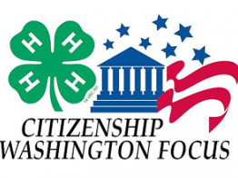 4‑H clover, Capitol-style building with stars and flag, text "CITIZENSHIP WASHINGTON FOCUS"