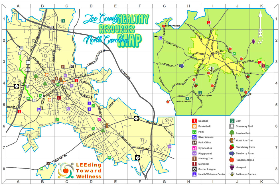 Lee County, North Carolina healthy resources map showing parks, trails, farms, and facilities