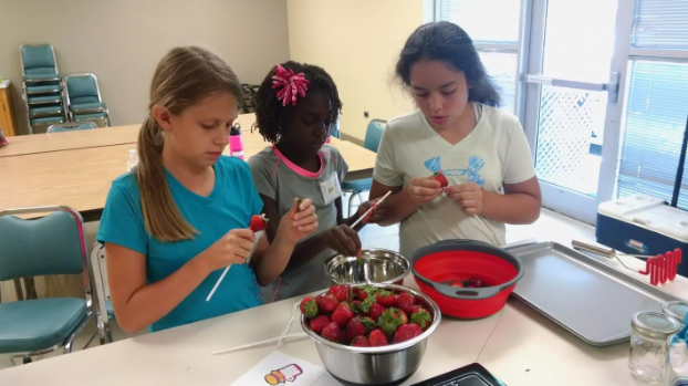 Participants clean strawberries to use in a dish.