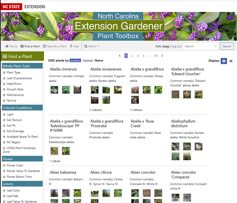 Screen shot plant database - Find a Plant