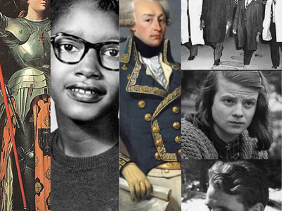 Collage of portraits: medieval armored woman; bespectacled girl; Napoleonic officer; civil-rights march