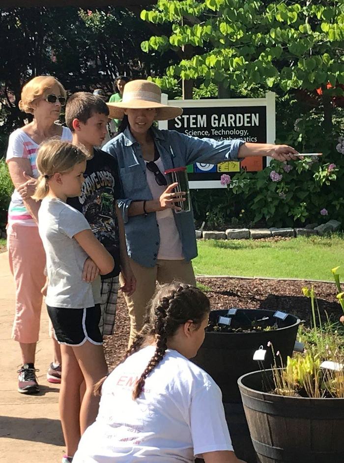 Students look at plants