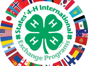Green 4-H clover (H on each leaf), ring of flags, text: "States 4-H International Exchange Programs"