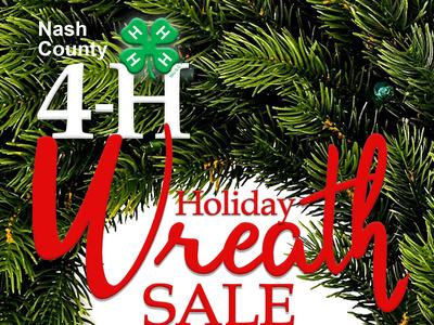 Nash County 4‑H logo with green clover and text "Holiday Wreath SALE" over evergreen branches