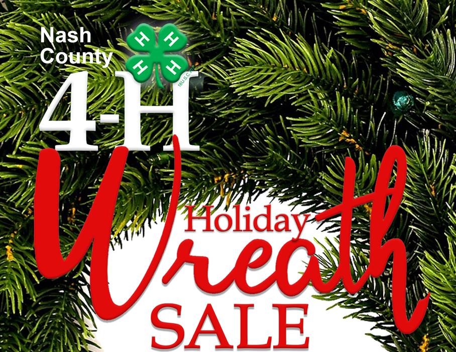 Nash County 4‑H logo with green clover and text "Holiday Wreath SALE" over evergreen branches