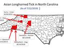 map of Current distribution of Asian Longhorned Tick in North Carolina