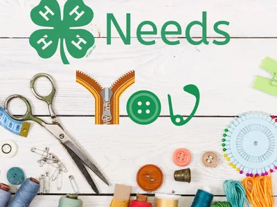 4-H clover and "Needs" with zipper, button, needle icons above sewing tools and threads