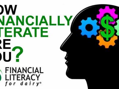"How financially literate are you?" text; head silhouette with colorful gears and dollar sign; Financial Literacy for Dairy logo