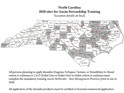 North Carolina map showing 2020 sites for Auxin Stewardship Training (numbered counties)