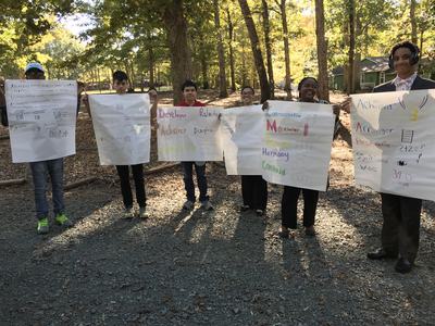 Six people outdoors holding posters listing strengths: Developer, Achiever, Communication