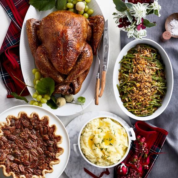 holiday meal - roast turkey, green bean casserole, mashed potatoes, pecan pie