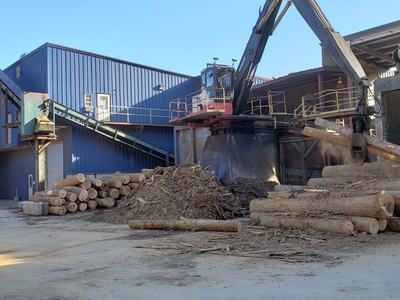 This image depicts the first step in the process of turning logs into lumber. It shows a log being debarked.