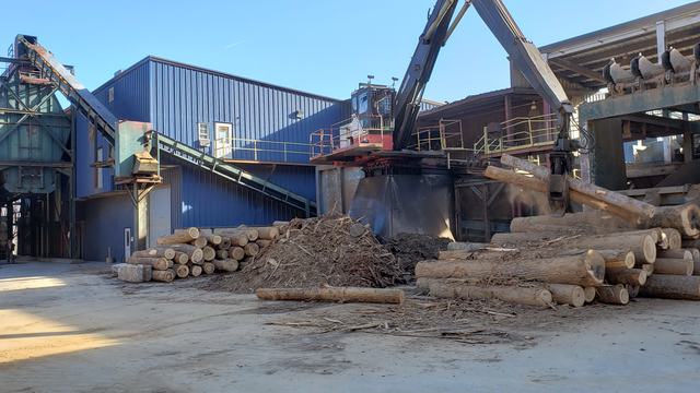 This image depicts the first step in the process of turning logs into lumber. It shows a log being debarked.