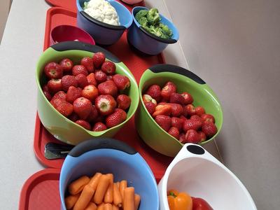 Several trays lined up on a kitchen counter full of fresh garen veggies needed to make a summer salad.